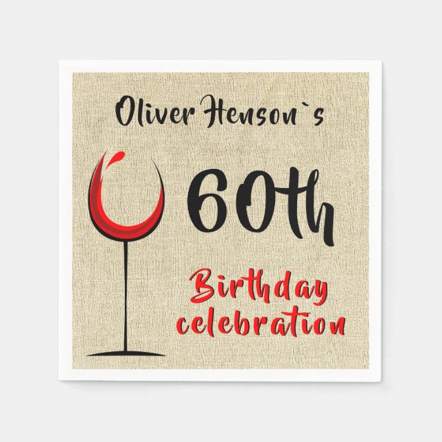 Rustic Red Wine Glass 60th Birthday Party Napkins (Front)