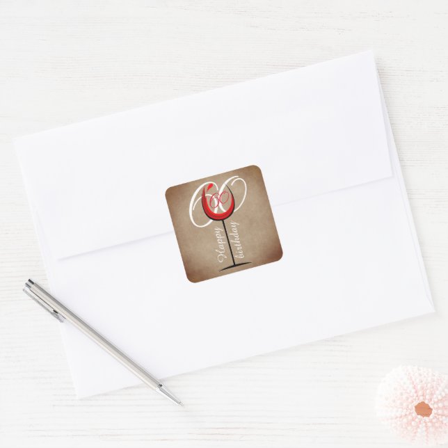 Rustic Red Wine Glass 60th Birthday Square Sticker (Envelope)