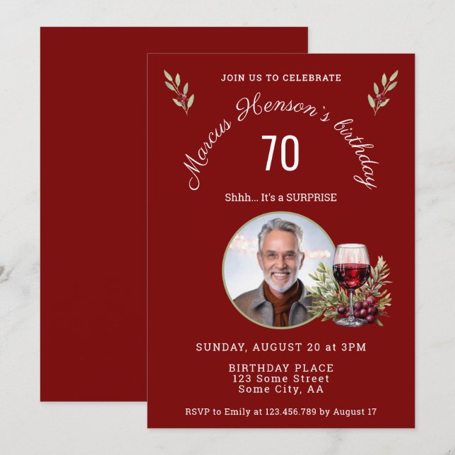 Rustic Red Wine Glass Olive 50th Birthday Photo Invitation (Front/Back)