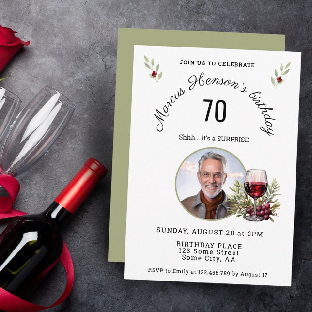 Rustic Red Wine Glass Olive 50th Birthday Photo Invitation (Creator Uploaded)