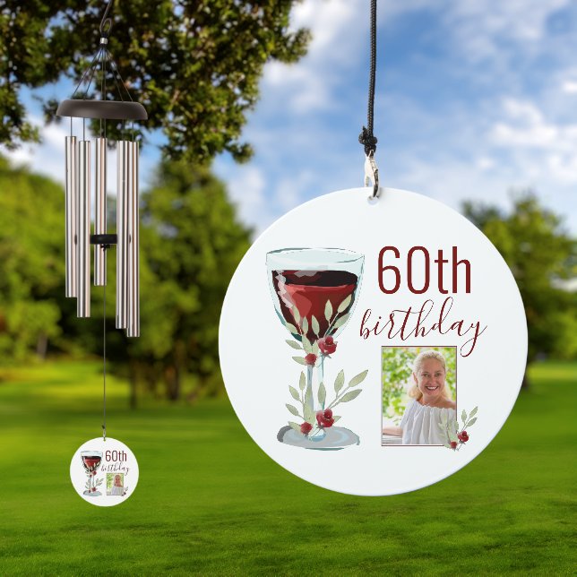 Rustic Red Wine Glass Photo 60th Birthday Wind Chime (Outdoor)