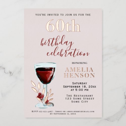 Rustic Red Wine Glass Rose Botanical 60th Birthday Foil Invitation