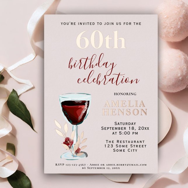 Rustic Red Wine Glass Rose Botanical 60th Birthday Foil Invitation (Creator Uploaded)