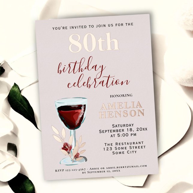 Rustic Red Wine Glass Rose Botanical 80th Birthday Foil Invitation (Creator Uploaded)