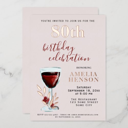 Rustic Red Wine Glass Rose Botanical 80th Birthday Foil Invitation