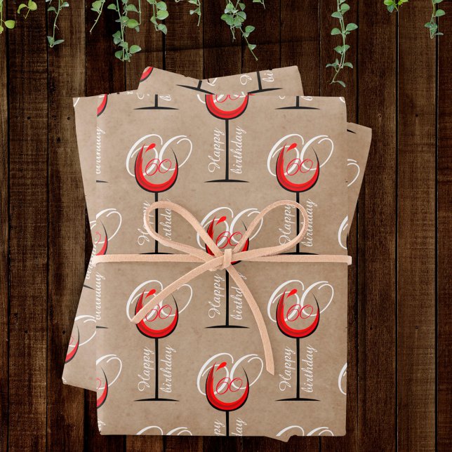 Rustic Red Wine Glass Script 60th Birthday Gift Wrapping Paper Sheets (Creator Uploaded)