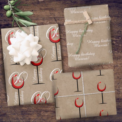 Rustic Red Wine Glass Script 60th Birthday Gift  Wrapping Paper Sheets