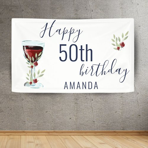 Rustic Red Wine Rose Watercolor 50th Birthday Banner