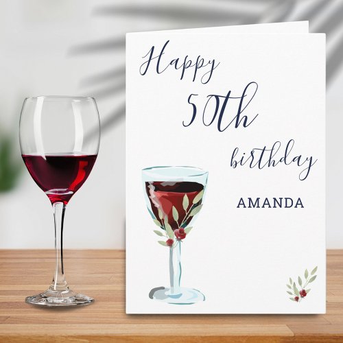 Rustic Red Wine Rose Watercolor 50th Birthday   Card