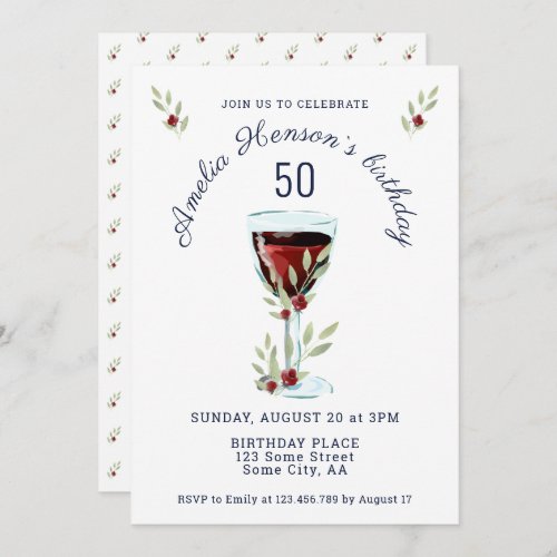 Rustic Red Wine Rose Watercolor 50th Birthday Invitation - Rustic Red Wine Glass Rose Watercolor 50th Birthday Invitation. The design has watercolor red wine glass, roses and twigs. The text is fully customizable. Elegant and rustic birthday invitation for a woman or a man.