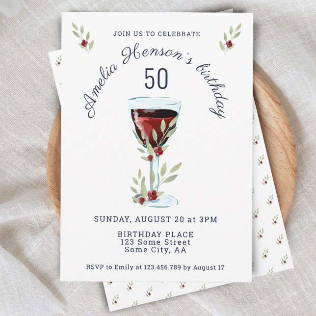 Rustic Red Wine Rose Watercolor 50th Birthday Invitation (Creator Uploaded)