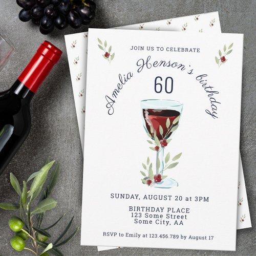 Rustic Red Wine Rose Watercolor 60th Birthday Invitation