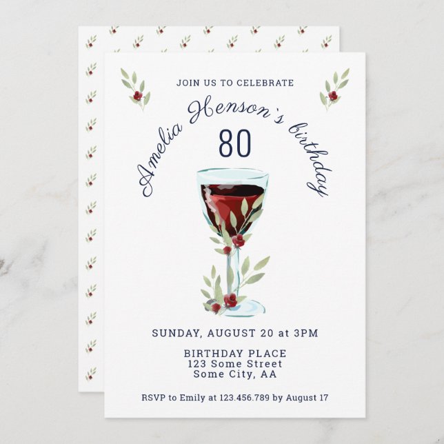 Rustic Red Wine Rose Watercolor 80th Birthday  Invitation (Front/Back)