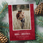 Rustic Red Winter Christmas Single Photo Holiday Card<br><div class="desc">This simple and rustic holiday design features your best portrait photo over a rustic paper texture in dark red color and the word "Merry Christmas" in vintage script text . Perfect for farmhouse style greeting cards. Easily add your best photo, your family names and year using the template. Add a...</div>