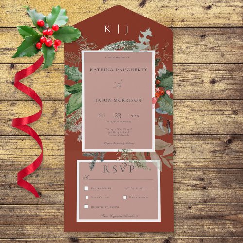 Rustic Red Winter Holly  Pine Dinner All In One Invitation