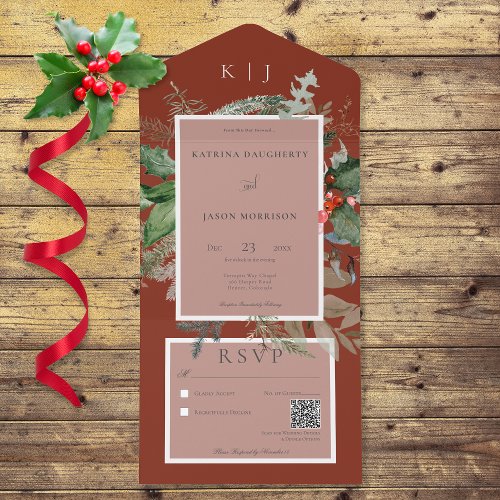 Rustic Red Winter Holly  Pine QR Code All In One Invitation