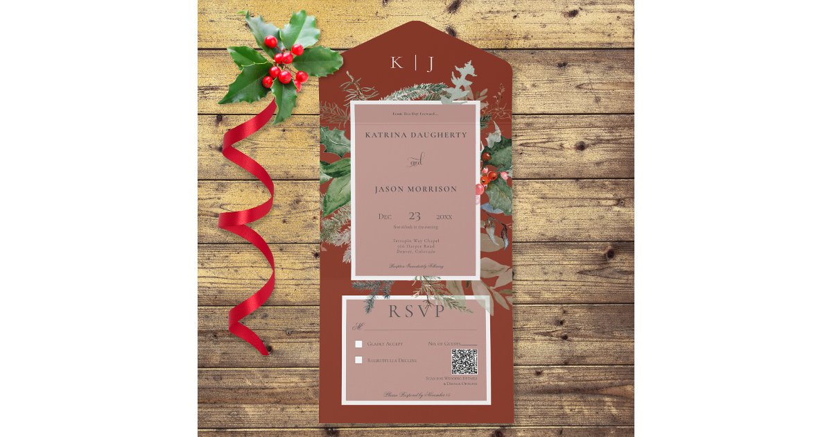 Rustic Red Winter Holly & Pine QR Code All In One Invitation | Zazzle