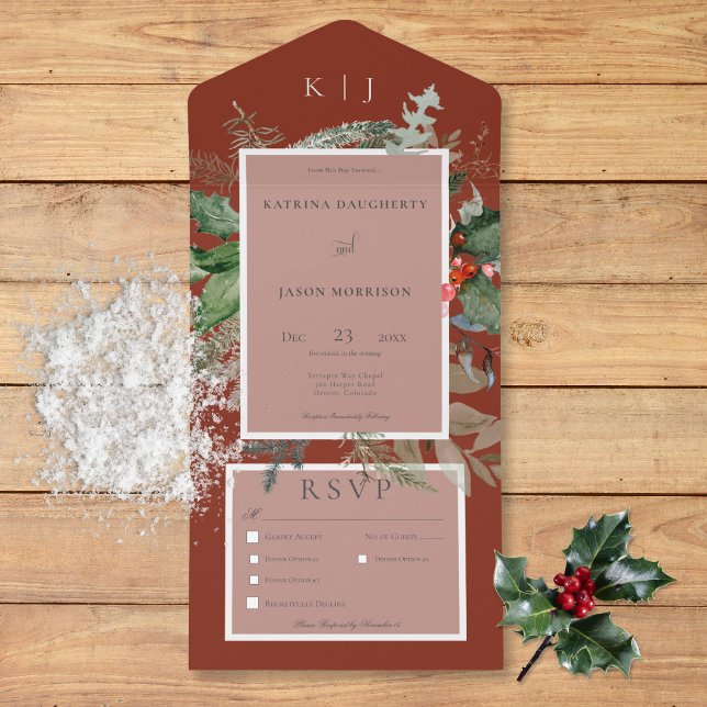 Rustic Red Winter Holly & Pine Three Dinner All In One Invitation (Rustic Red Winter Holly & Pine Three Dinner All In One Invitation)