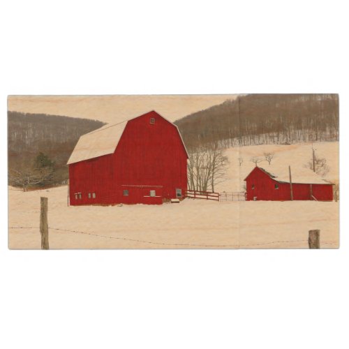 Rustic Red Wood Barns in a Snowy Winter Scene Wood Flash Drive