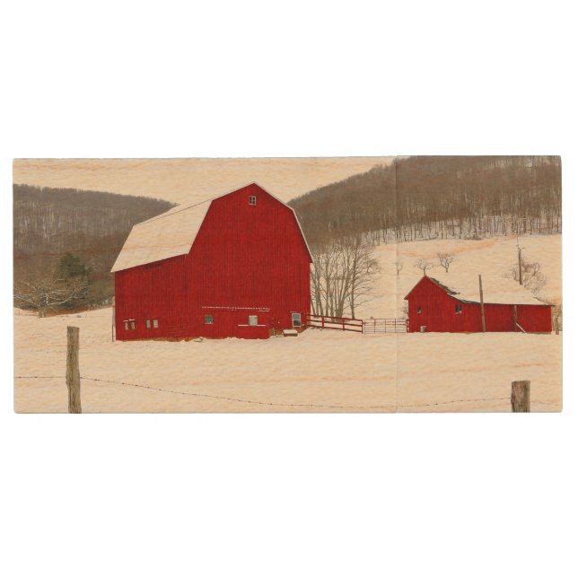 Rustic Red Wood Barns in a Snowy Winter Scene Wood Flash Drive (Front)