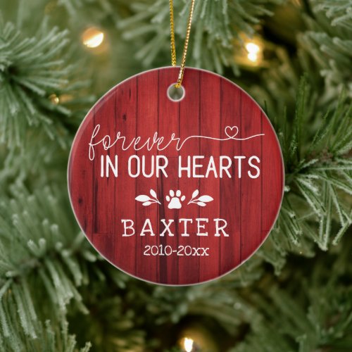 Rustic Red Wood Forever In Our Hearts Paw Pet Ceramic Ornament