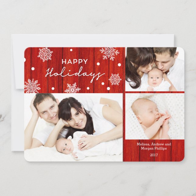 Rustic Red Wood Happy Holidays Photo Card (Front)