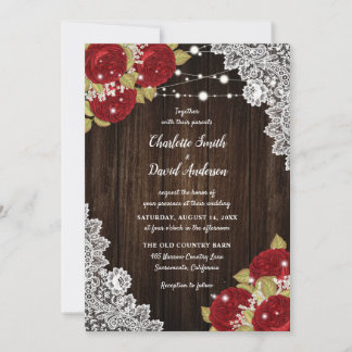 Rustic Red Wood Lace String Lights Wedding Invitation