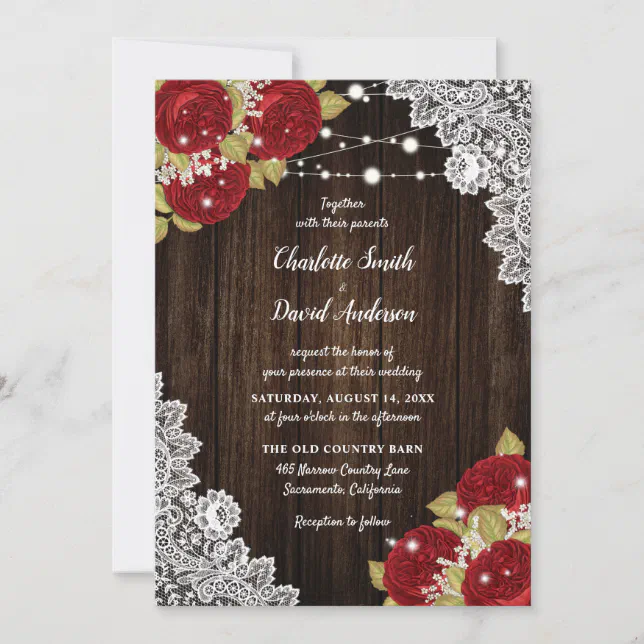 Rustic Red Wood Lace String Lights Wedding Invitation | Zazzle