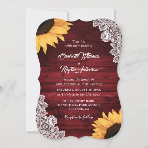 Rustic Red Wood Lace Sunflower Wedding Invitation