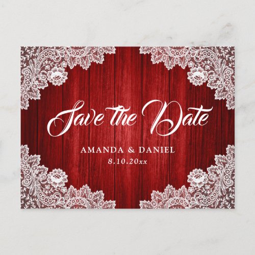 Rustic Red Wood Lace Wedding Save The Date Announcement Postcard