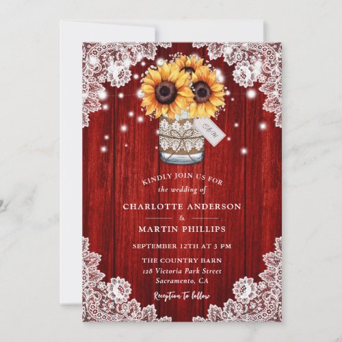 Rustic Red Wood Mason Jar Sunflower Wedding Invitation