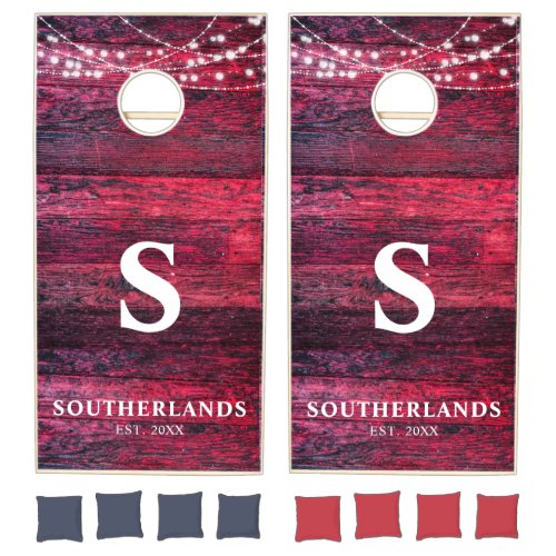 Rustic Red Wood String Lights Family Cornhole Set