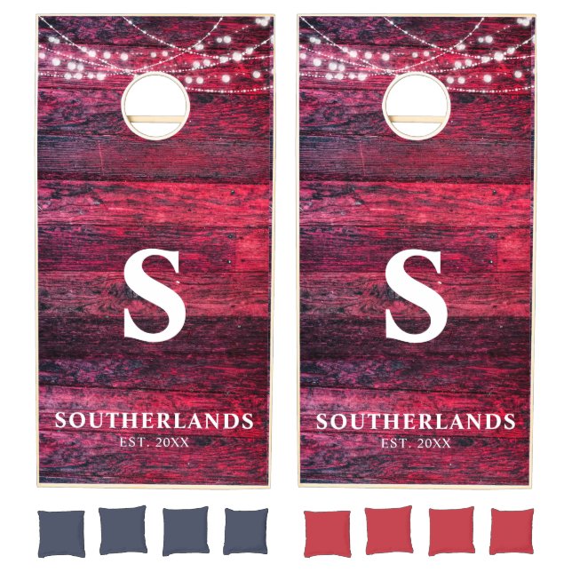 Rustic Red Wood String Lights Family Cornhole Set (Set)