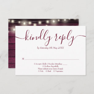 Rustic Red Wood String Lights Floral Script RSVP Card