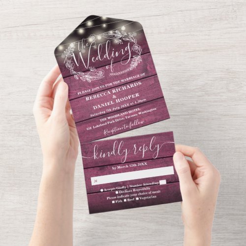 Rustic Red Wood String Lights Floral Wedding All In One Invitation