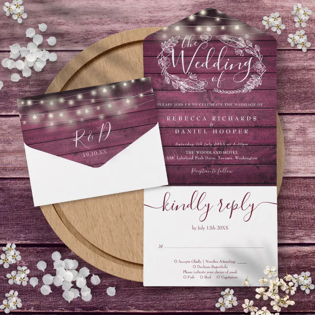 Rustic Red Wood String Lights Floral Wedding All In One Invitation | Zazzle
