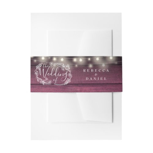 Rustic Red Wood String Lights Floral Wedding Invitation Belly Band