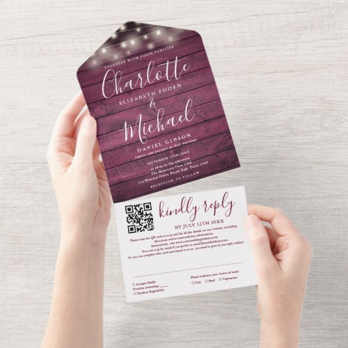 Rustic Red Wood String Lights QR Code Wedding  All In One Invitation