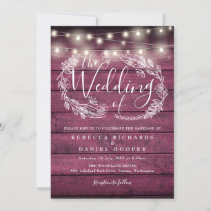 Rustic Red Wood String Lights Script Wedding Invitation