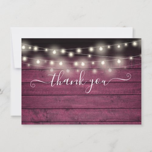 Rustic Red Wood String Lights Script Wedding Thank You Card
