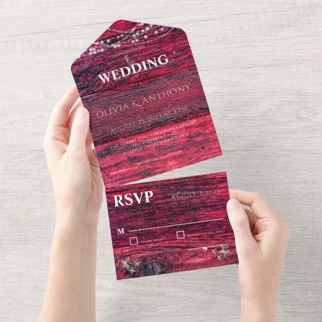 Rustic Red Wood String Lights Wedding All In One Invitation (Tearaway)