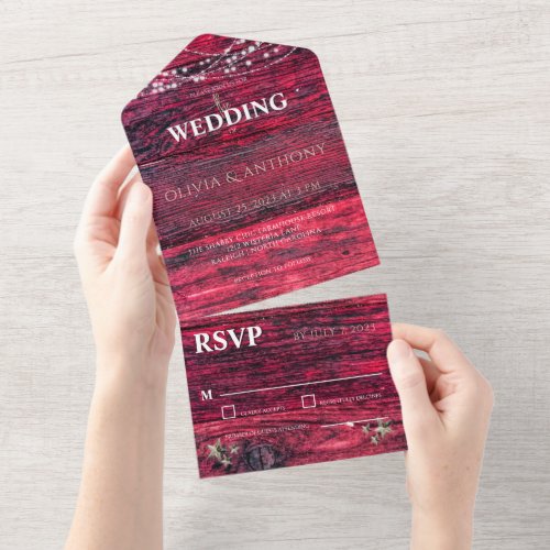 Rustic Red Wood String Lights Wedding All In One Invitation