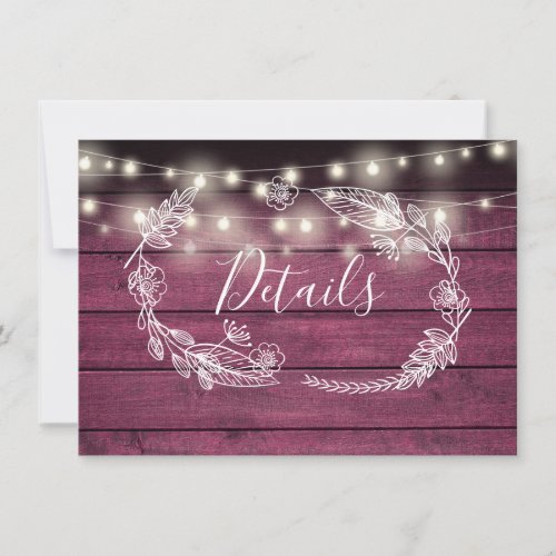 Rustic Red Wood String Lights Wedding Details Card