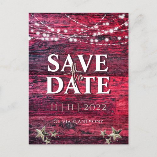 Rustic Red Wood String Lights Wedding Save The Dat Announcement Postcard