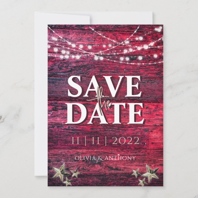 Rustic Red Wood String Lights Wedding Save The Date (Front)
