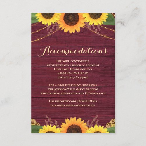 Rustic Red Wood Sunflower Wedding Accommodations Enclosure Card