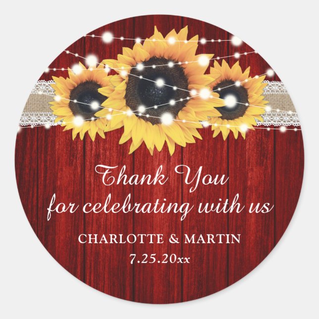 Rustic Red Wood Sunflower Wedding Thank You Classic Round Sticker (Front)