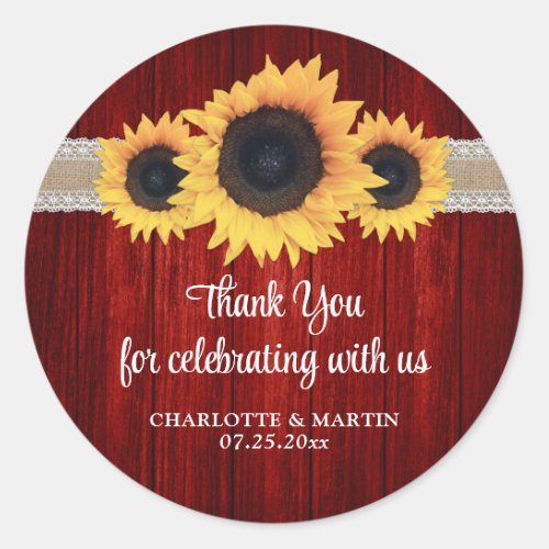 Rustic Red Wood Sunflower Wedding Thank You Classic Round Sticker
