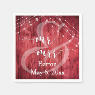 Rustic Red Wood, White Light Strings Mr & Mrs Paper Napkins