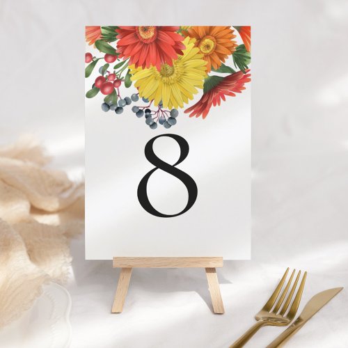 Rustic Red Yellow Orange Fall Florals Table Number